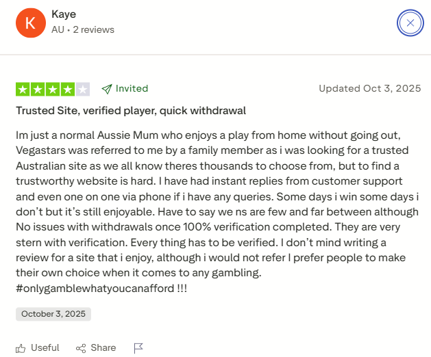 Vegastars Casino Trustpilot review - screenshot 1