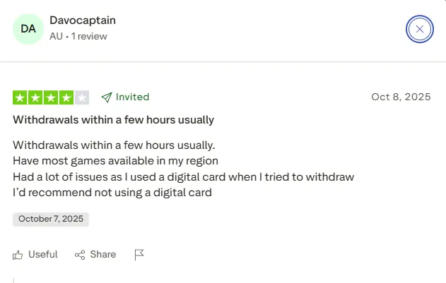 Vegastars Casino Trustpilot review - screenshot 2