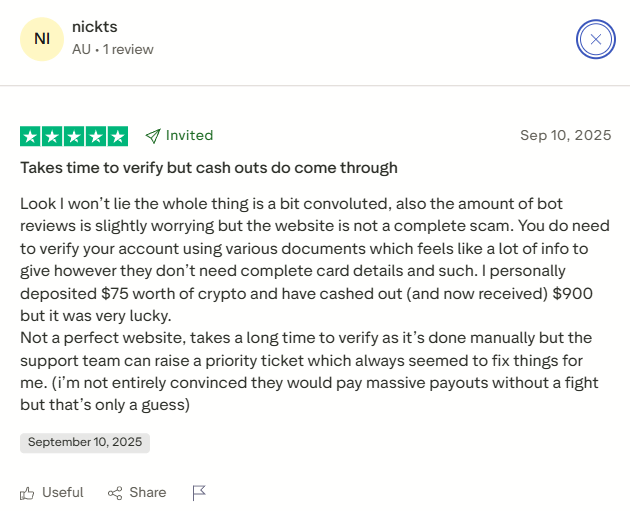 Vegastars Casino Trustpilot review - screenshot 4